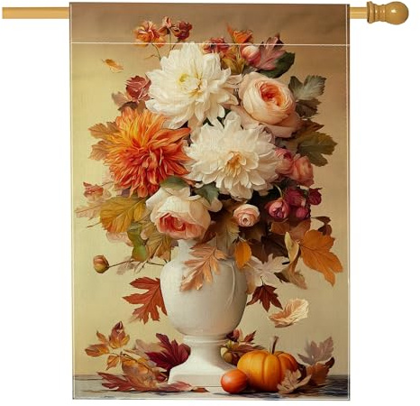 Drapeau floral d'automne pour jardin, pivoines orange chaud et dahlias, bannière de jardin, bannière de jardin, drapeau de cour double face en toile de jute, décoration de pelouse extérieure de