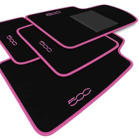Auto-Fußmatten für die 500 ab 2010 | Komplettset 4 gestickte Auto-Fußmatten mit rosa-fucsia gesticktem Rand und rosa Naht | Hochwertiger Teppich | Rutschfester Boden | PVC-Absatzschoner | Langlebig