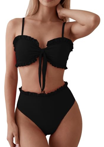 OUSIMEN Damen Bikini Set mit Verstellbaren Trägern V Ausschnitt Volants Schmetterlingsknoten Bademode Zweiteiliger Badeanzug Swimsuit