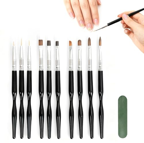 Pinceaux Nail Art Professionnels - Lot de 10 Pinceaux avec Polissoir pour Ongles Gel, Inclut Liner, Plat et Pinceau à Sculpture, Idéal pour Artistes et DIY