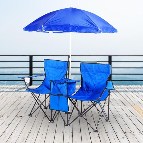 ZPVXRVQ Double Portable Picnic Chairs, Folding Camping Chairs with Detachable Umbrella, Cooler Bag, Cup Holders, Outdoors Patio Beach Camping