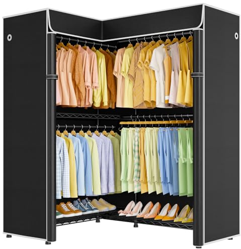 ULIFHOME E15C Garment Rack L Shaped Clothes Rack for Corner，Freestanding Clothing Racks for Hanging Clothes，Heavy Duty Closet Organizer 43.4W x 15.8D x 78.4H，Black Rack with Black Dustproof Cover