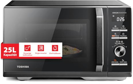 TOSHIBA Microondas Digital con Grill 25L, 900W Inverter, 10 Niveles Potencia, Control Preciso, Calentamiento Uniforme, Negro Elegante MW3-AG25PFI(BK)