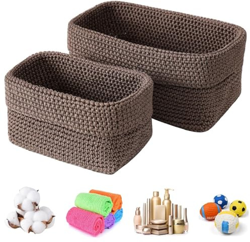 2er Set Aufbewahrungskorb Geflochten Bad Häkelkorb, Stapelbare Regalkörbe Aus Baumwollseil, Klein Quadrat Gewebte Körbchen Aufbewahrung für Handtücher, Kosmetik, Schmuck, Spielzeug(Braun)