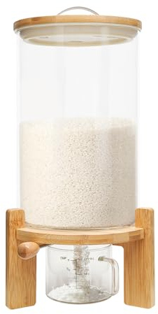 AHSSBSA 7,5L Getreidespender aus Glas & Bambus, Mit Dosierventil, Messbecher und stabiler Basis, Luftdichter Vorratsbehälter für Reis und Müsli