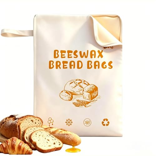 Extra Large Beeswax Bread Bags, 43cm×33cm Reusable Cotton Linen Bread Storage Bags with Natural Beeswaxs Lining Cotton Storage Bag with Zip Closure for Homemade Sourdough