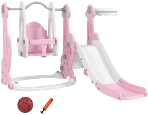 AIYAPLAY Scivolo per Bambini 4 in 1 con Altalena da 18-48 Mesi Rosa | Scivolo da Giardino Autoportante, Scaletta da Arrampicata, Cestino da Basket, Set Parco Giochi per Interni ed Esterni