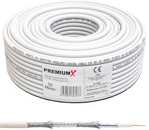 Premium X 50m Profi Koaxialkabel Kupfer 135dB 4-Fach SAT Antennenkabel Koax-Kabel DVB-S / S2 DVB-C DVB-T BK Anlagen Satellitenkabel