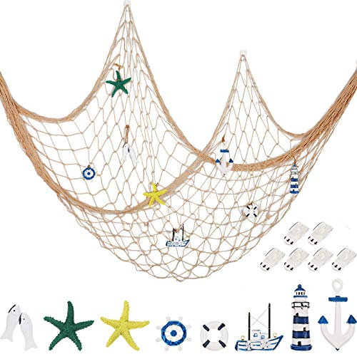 Dekorative Fischernetz Nautisches Fischernetz Wandbehang Dekor, 8 Stück Seestern, Segelboot, Leuchtturm, Rettungsring, Ruder, Anker mit transparentem Haken für MeerjungfrauParty (Cremeweiß)