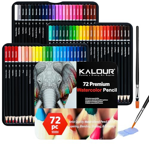 KALOUR 72 Watercolour Pencils for Adults - Water Soluble Professional Hexagonal Pencil - Ideal for Artists Coloring Blending and Layering