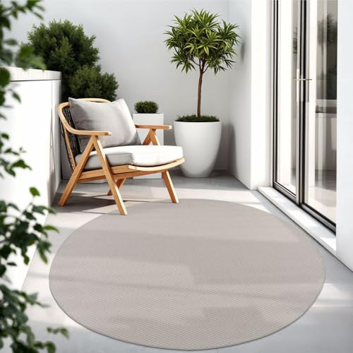 TT Home Teppich Für Outdoor Wetterfest Küchenteppich Balkon Terrasse Unifarbenes Design Modern, Farbe: Elfenbein, Größe:80 cm Rund