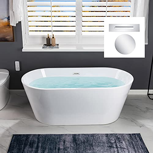 WOODBRIDGE 59 Acrylic Freestanding Bathtub Contemporary Soaking White Tub with Chrome Overflow and Drain，B0014-CH