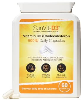 SunVit-D3 Vitamin D 600 IU - Cholecalciferol Vitamin D Capsules Support The Maintenance of Bone, Teeth, Muscle & Immune System | Made in UK & GMP Approved - D3 Vitamins 60 Convenient
