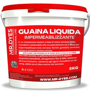 MR.DYES - Guaina Liquida Impermeabilizzante - Membrana Monocomponente Multisupporto, Vari Colori e Formati, Gomma Liquida per Tetti e Terrazzi. (6 KG, ROSSO)