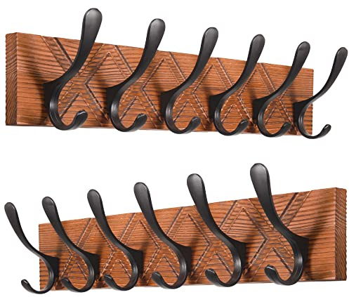 SKOLOO Coat Rack Wall Mount - Antique Wooden Carved- X Cross Coat Hook,Pack of 2, Wall Coat Hanger with 6 Hooks for Hanging Coats, Hats, Clothing, Scarfs, Brown & Black