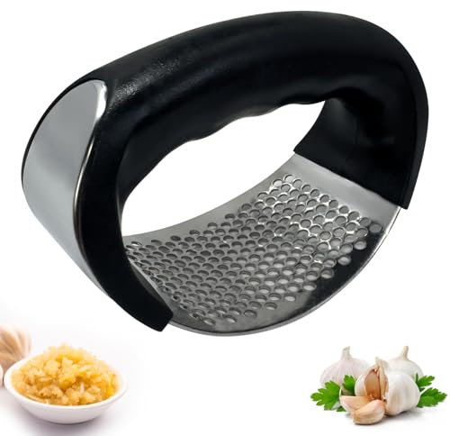Garlic Press Mincer Ginger Crusher Peeler Squeezer Stainless Steel Garlic Presser Chopper Professional Food Prep Grade Dishwasher Safe Easy to Clean (Black & Silver Arc Shaped Presser)