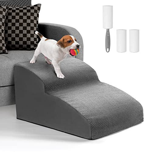 Lannvan Escalera para Perros, Escaleras para Mascotas de Espuma de 2 Escalones, Rampa para Perros Pequeños y Gatos con Funda Lavable y Fondo Antideslizante, para Sofá o Cama, Enviar Rodillo de Pelusa