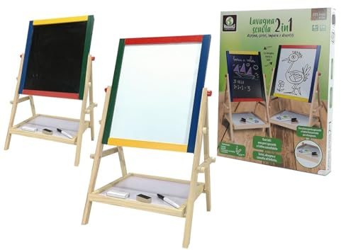 Lavagna in Legno Double Face per Gessi e Pennarelli cm 61x42 in Legno per Bambini Lavagne 2 in 1 Gessi e Pennarelli Lavagna per Bambini Double Face con Cavalletto Lavagnetta Scuola