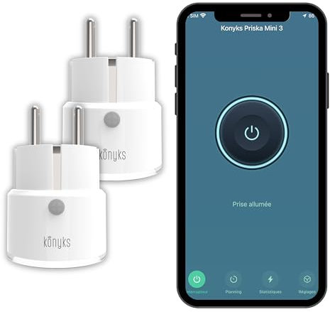 2 enchufes conectados Konyks Priska Mini 3 FR - WiFi + BT, funciones avanzadas V3, 10 A, contador de consumo, compatible con Alexa y Google Home & Tuya Blanco/Transparente
