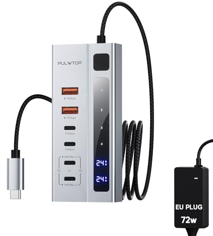 PULWTOP USB C Hub Aktiv mit 72 W Adapter, 6-in-1 USB C 3.2 Hub mit Netzteil, 2 x USB A 10 Gbit/s mit BC1.2(7,5 W), 2 x PD Aufladung 24 W Max (Ohne Video und Daten)