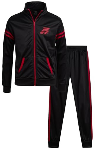 Pro Athlete Boys Tracksuit Set - 2 Piece Performance Tricot Zip Up Mock Neck Sweatshirt and Boys Joggers Track Pants, Size 12, Jet Black/Red