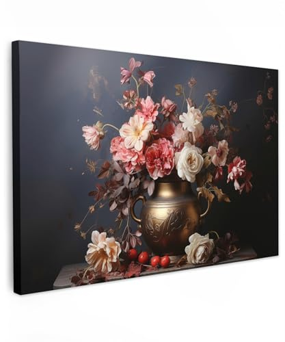 MuchoWow© Bild auf Leinwand Groß XXL Schlafzimmer Bilder Badezimmer Wand | 120x80 cm - Deko Wohnzimmer Modern Wanddeko Bilderwand Geschenk Stilleben - Blumen - Rosen - Blumenstrauß - Vase