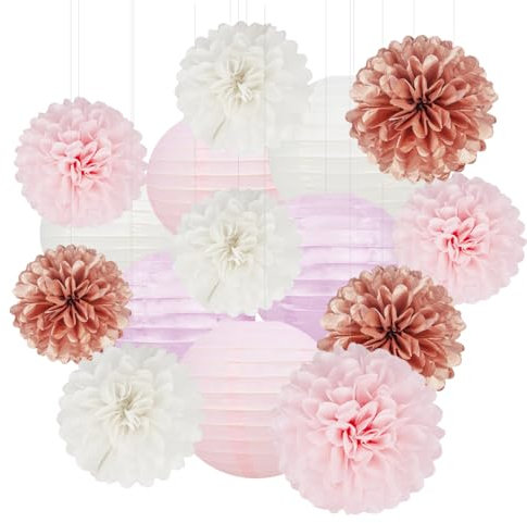 Partydekorationen in Roségold, Rosa, Weiß, 15 Stück, Seiden-Pompons, Papierblumen, Papierlaternen, Geburtstag, Valentinstag, Babyparty, Babyparty, Damen, Braut, Hochzeit, Verlobung,