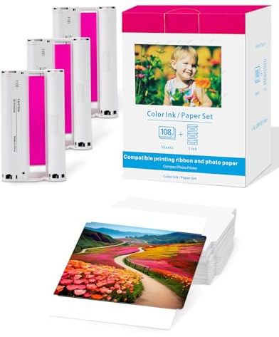 Compatible con Canon Selphy CP1500 Papel Fotográfico y Cartucho de Tinta 54 x 86mm, KC-108IP (3x KC-36IP) 2.1 x 3.4 carta papel, para Selphy CP1500 CP1300 CP1200 CP1000, 3 Cartuchos y 108 Papel