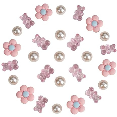 Aikeis Bären- und Gänseblümchen-Schuhdekorations, geeignet für Frauen, Mädchen und Kinder (10 Stück rosa Bären + 11 Stück weiße Perlen + 6 Stück rosa Gänseblümchen)