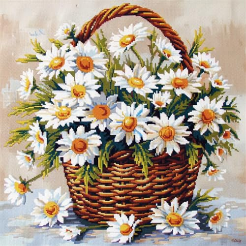DIY knüpfen set anfänger Weiße Gänseblümchen knüpfkissen mit vordruck Blumen im Korb DIY-Kreuzstich-Sofakissenbezug mit Knüpfwerkzeug，passend für Jugendliche und Erwachsene. Knüpfhaken-Ki 43x43cm