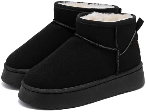 Winterstiefel Damen mit Fell Gefüttert, Klassische Mini Winter Plateau Boots Warm Bequem Winterboots, Anti-Rutsch-Beschichtung Schneestiefel Stiefel Wasserdicht Stiefeletten für Außenbereich