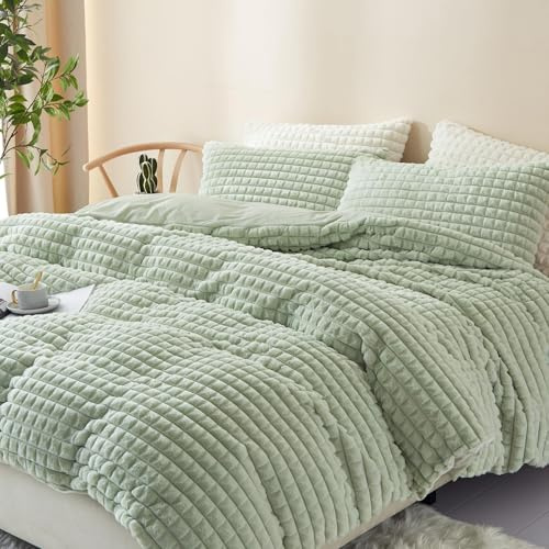 Freyamy Plüsch Bettwäsche 220x240cm Grün Flauschig Kunstfell Winterbettwäsche Warme Flanell Fleece Deckenbezug Samt Biber Cashmere Touch Bettbezug mit Reißverschluss und 2 Kissenbezug 80x80cm