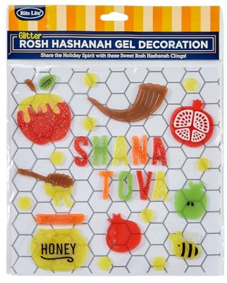 Rosh Hashanah Gel Window Decorations by Rite Lite | Jewish New Year Party Favors Reusable Window Clings Decals with Apple, Shofar, Pomegranate, Honey Jar & Dipper, Shana Tova, Bee Jewish Home Decor