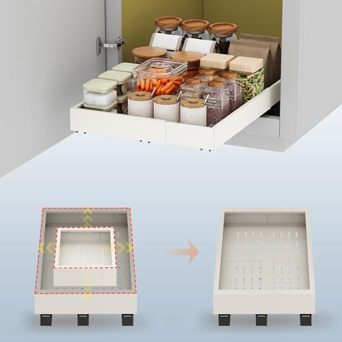 Pull out Cabinet Organizer,Expandable Width(11-16),Depth(17-24) with 3 Rails,Roll out Drawers,No Drill Adjustable Slide out Shelves for Kitchen,Pantry,for Both Lip and Lip-Free Cabinets,White(1PC)