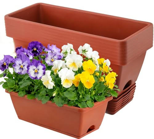 MUKSUET 8PCS Rectangle Window Planter Boxes, 17 Inch Plastic Plant Window Box with Trays and Drain Hole, Planter Pot for Windowsill, Patio, Garden, Home Decor, Porch Yard