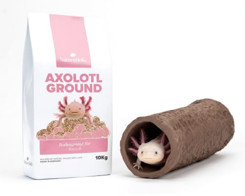 NatureHolic Axolotl Einrichtung-Set | Aquarium Deko mit Keramik Höhle - ca. 23 cm x 7-8 cm & Spezial Lotl Bodengrund - 10 kg | Sicherer Rückzugsort & Wasserneutraler Quarzkies | Perfekt für Axolotl