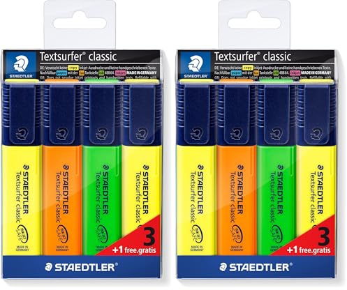 STAEDTLER Textsurfer Classic 364-S WP4P - Estuche promocional con 3 marcadores fluorescentes en colores surtidos + 1 marcador fluorescente amarillo, Multicolor (Paquete de 2)