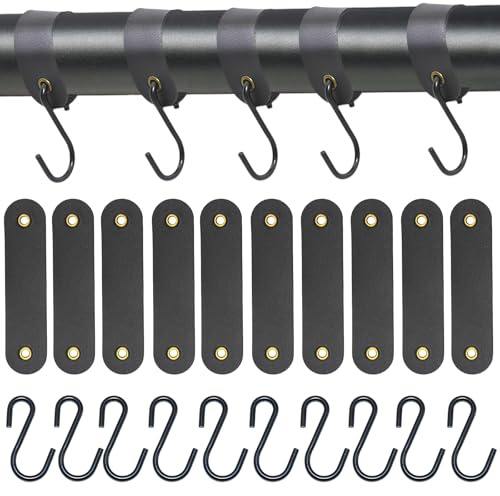 10 Stück S Haken Schwarz mit Lederschlaufe, Metallhaken zum Einhängen | S-haken für Kleiderstange, Mehrzweckhaken Garderobenhaken Schwarz für Küche Bad Schlafzimmer Garderobe und Camping