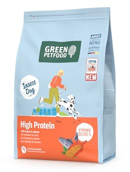 Green Petfood InsectDog High Protein con insetti e salmone (5 x 900 g), per adulti, cibo secco di alta qualità per cani adulti attivi, con lenti rosse, piccola crocchetta, senza cereali, confezione da