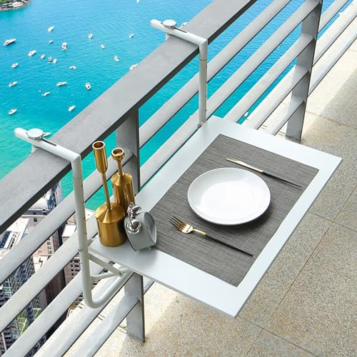 ACRaBoss Outdoor Folding Railing Table, Window Sill Leisure Table Desk, Adjustable Wall-Mounted Balcony Deck, Saving Space Rail Hanging Table for Garden Terrace/White