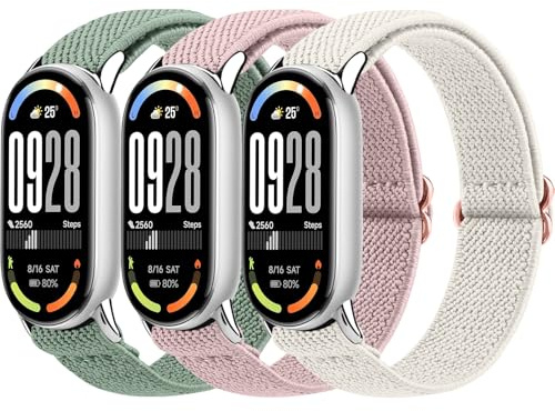 Oumida 3 stycken elastiskt armband för Xiaomi Smart Band 8/9/10 armband för kvinnor och män, robust metallhuvud, förbättrat nylonklockarmband, sport ersättningsarmband för Xiaomi Mi Band 10/9/8