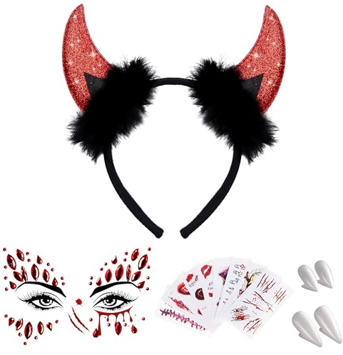 Halloween Teufel Kostüm Set – Teufelshörner Haarreif mit Glitzer Gesichtstattoos, 30 Narben-Tattoos, Vampirzähnen (13mm & 17mm) & Plastikgebiss – Gruselige Halloween Accessoires für Damen & Kinder
