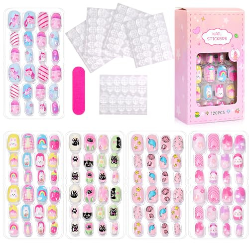 120PCS Stick on Nails False Nails for Girls Cute Pink Fake Nails for Girl Short Press on Nails with Stickers Full Cover Fingernail Lovely Gift for Girls Nails Art Decoration (Style2)