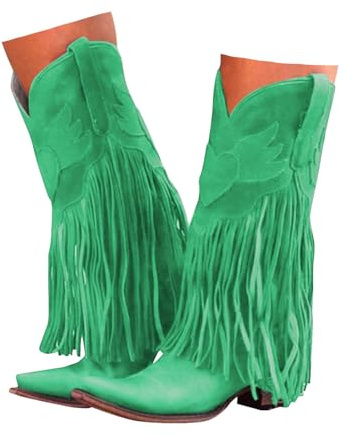 Xbemkste Dam cowboy stövlar med fransar blockklack spets tå västerländska stövlar dam långa stövlar halvstövlar eleganta knähöga stövlar bekväma vinterstövlar