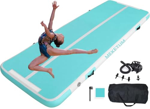 MEKETUM Air Tumbling Track Gymnastics Mat 6.6ft 10ft 13ft 16ft 4/8 Inch Thickness Inflatable Gym Tumble Floor Mats with Air Pump for Home Use/Cheerleading/Yoga/Dance/Water Fun (green 4m)