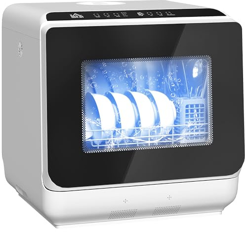 HOMCOM Mini lave-vaisselle compact 4 couverts, lave-vaisselle de table avec 6 programmes, réservoir 6L, écran LED, double alimentation en eau, commande tactile, départ différé et séchage à l'air blanc