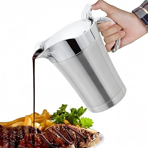 Termisk sås, 750 ml 304 rostfritt stål termisk sås, såskanna med gångjärnslock, dubbel isolerad såsskål, elegant silver termisk såsgryta för vaniljsås grädde majonnäs mjölk