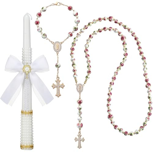 WILLBOND 3 Pcs First Communion Rosary and Candle Set Confirmation Candle Gifts Set Baptism Catholic Bracelets Cross Necklace Holy Communion Accessories for Christening Gift Keepsake(Rose Rosary)