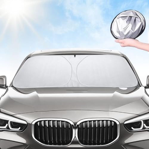Parasol Coche Delantero 136×65cm,Parasol Coche Parabrisas Universal Plegable a Los Rayos UV y contra el Calor,Ideal para Verano,Compatible con La Mayoría de Turismos,SUV y Furgonetas