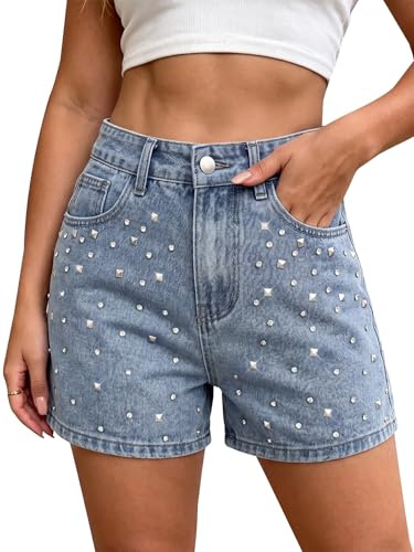 Aunribor Short en Jean Décontracté Femme à Strass Scintillants Regular Fit | Mi-haute taille, Décoré de clous irréguliers et strass scintillants, avec poches, Shorts en denim d'été